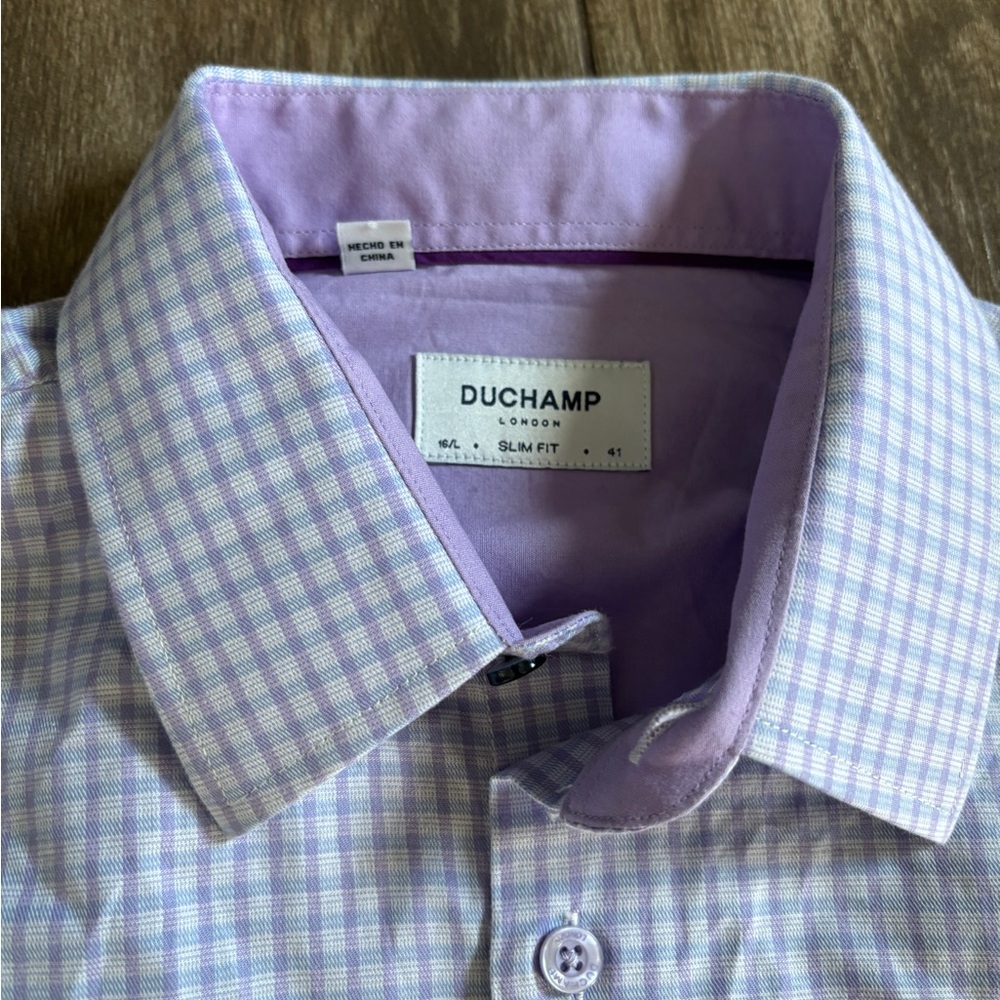 Duchamp Men’s Sz 16 Slim Fit Lavender Blue‎ Check Dress Shirt Long sleeve NWOT